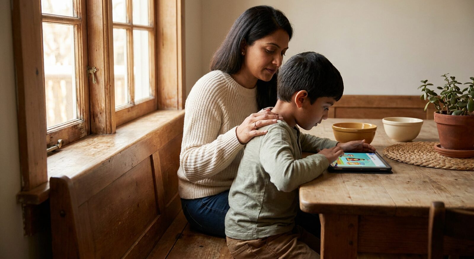 Parent and child learning together at a kitchen table